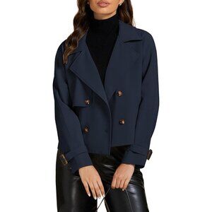 Women Navy Blue Cropped Trench Coat Double Breasted Lapel Casual Loose Fit